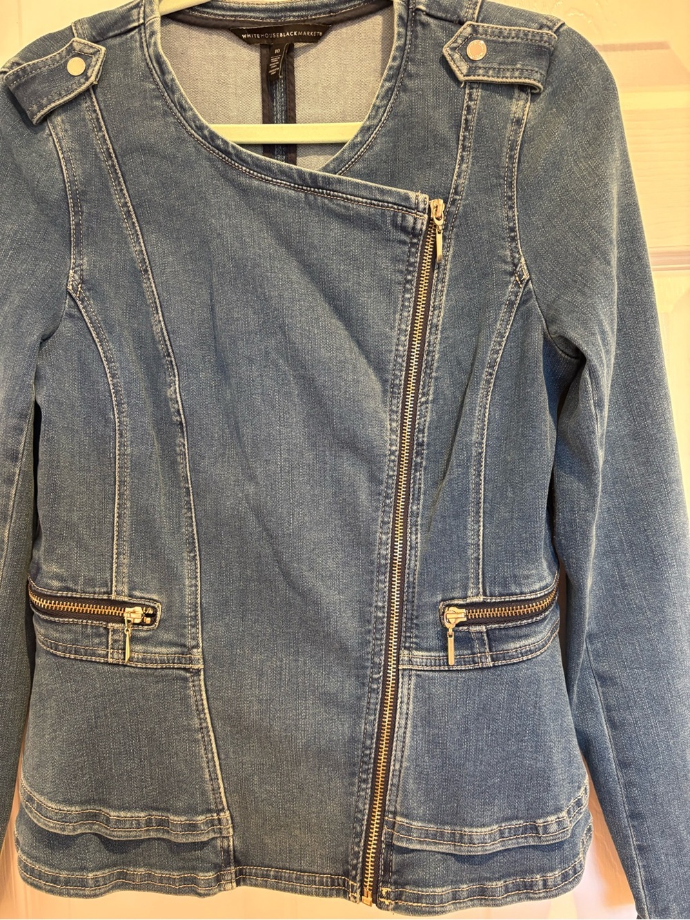 White House Black Market Women's Denim Zip Jacket with Peplum style back- Blue - Picture 3 of 10